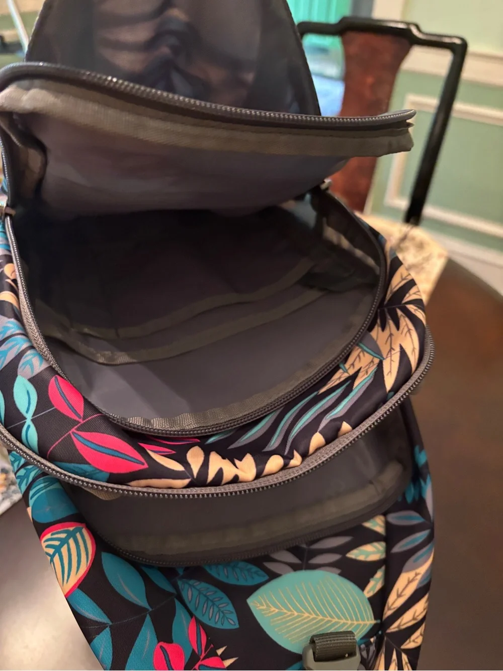 lug Navy Sling Backpack with Teal, Yellow, Pink & Cream Leaf Print
